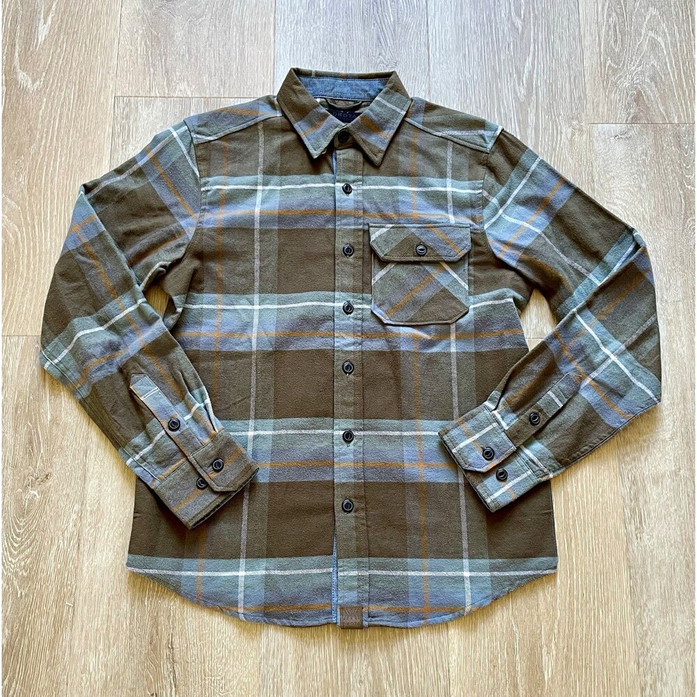 Dakota Brown Gray White Plaid Flannel Cotton Button Up Shirt Mens Pockets